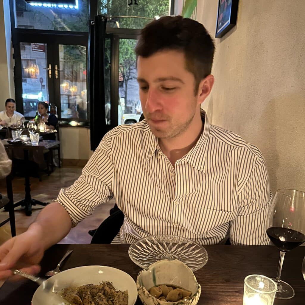 Dominick Platzer eating dinner at a fancy resteraunt