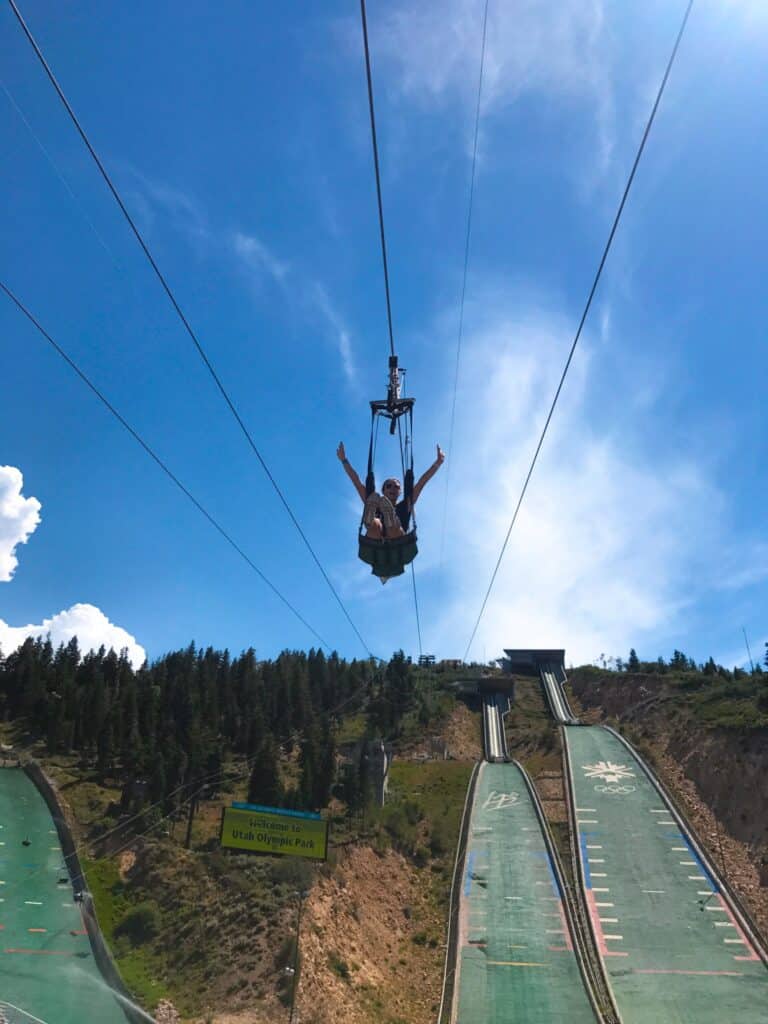 Leanna Gearhart on zip line in Utah Olympic park