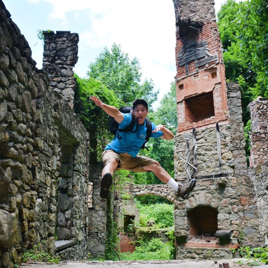 Edwin Jung jumping in the Overlook Mountain House ruins NY